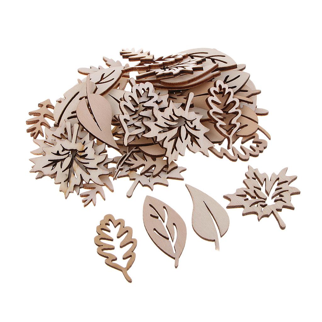 Christmas Craft Embellishment - 50 Pieces Wooden Leaves Embellishments Wooden