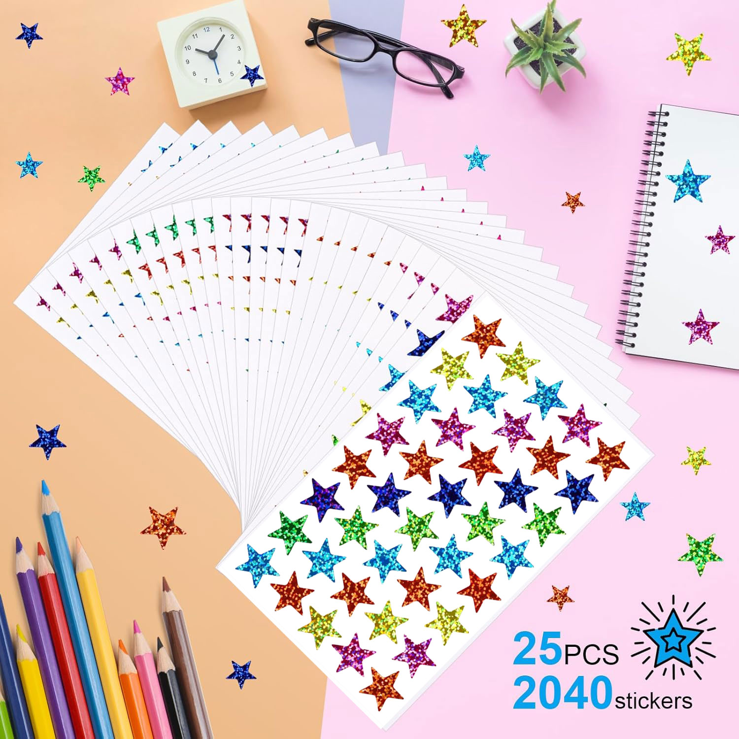 25 sheets Star Stickers 2040pc - Glitter Vinyl Roll 评论和价格