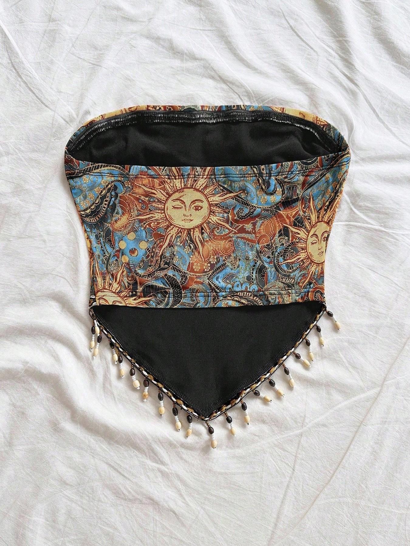 Ladies' 1pc Printed Mesh Knitt - Beaded Trim Fringe 评论和价格