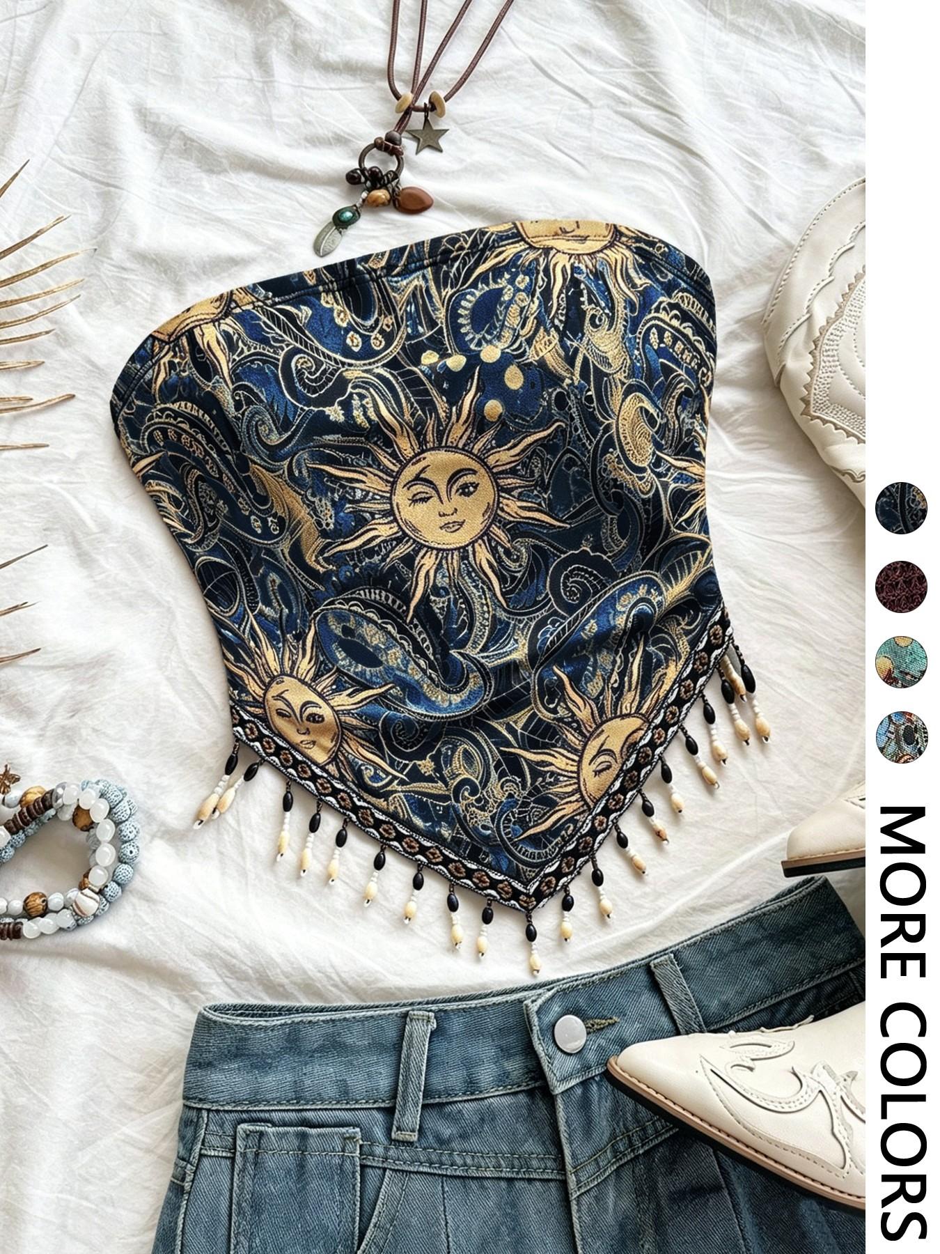 Ladies' 1pc Printed Mesh Knitt - Beaded Trim Fringe 评论和价格