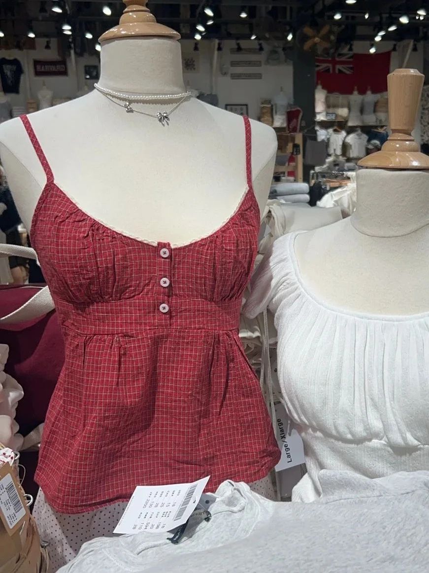 Red Plaid Buttons Tank Shorts  - Elastic Lace Trim 评论和价格